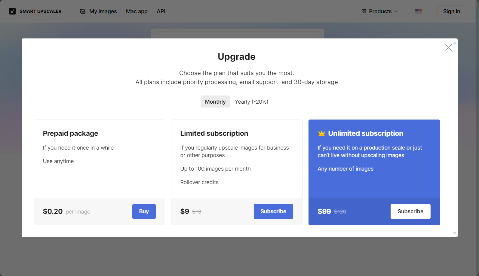 Icons8 Smart Upscaler价格方案截图