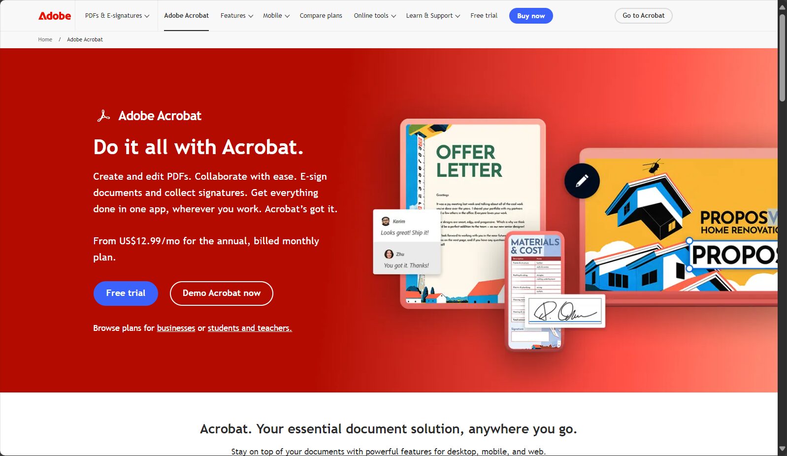 Adobe Acrobat Pro官网截图