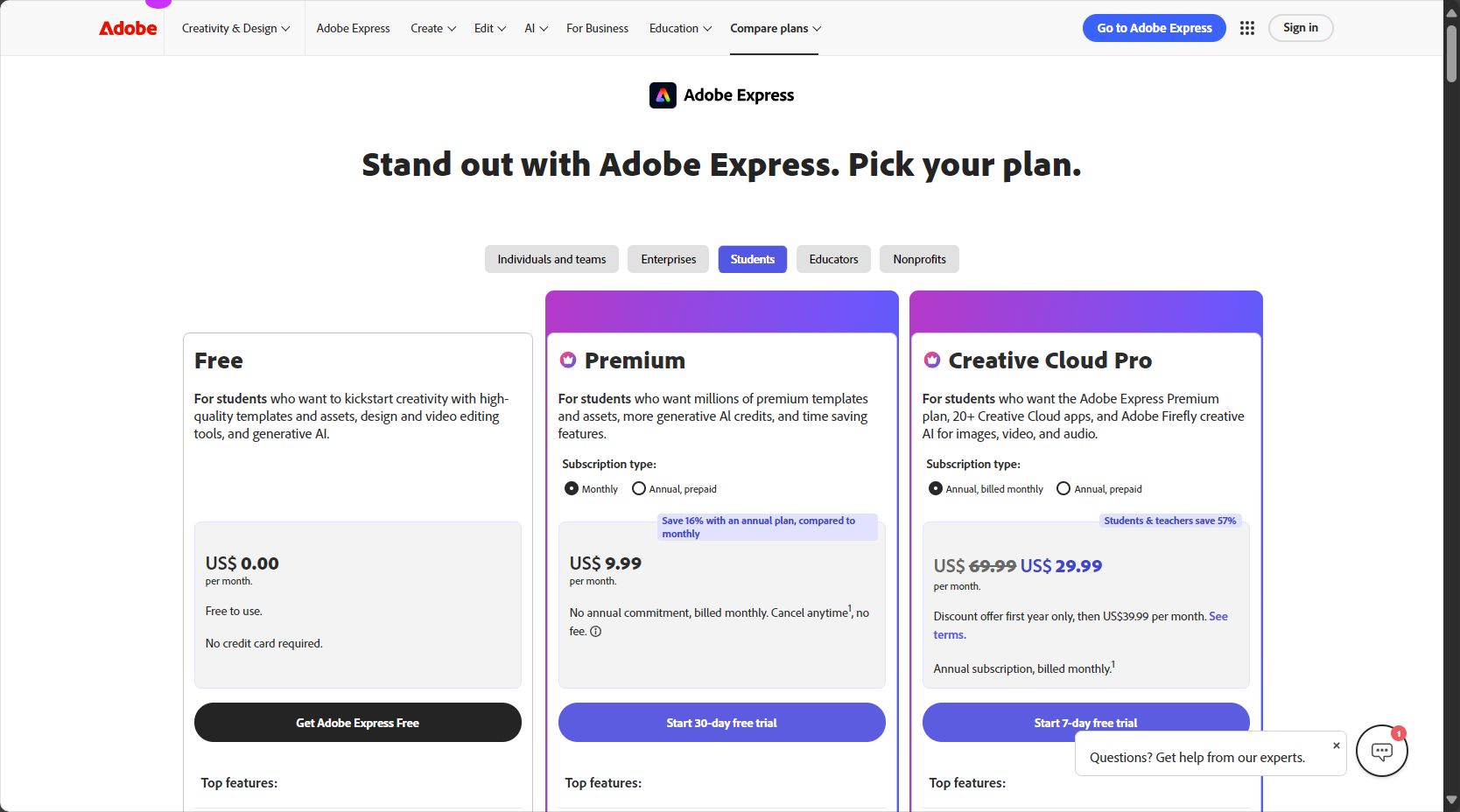 Adobe Express价格页面