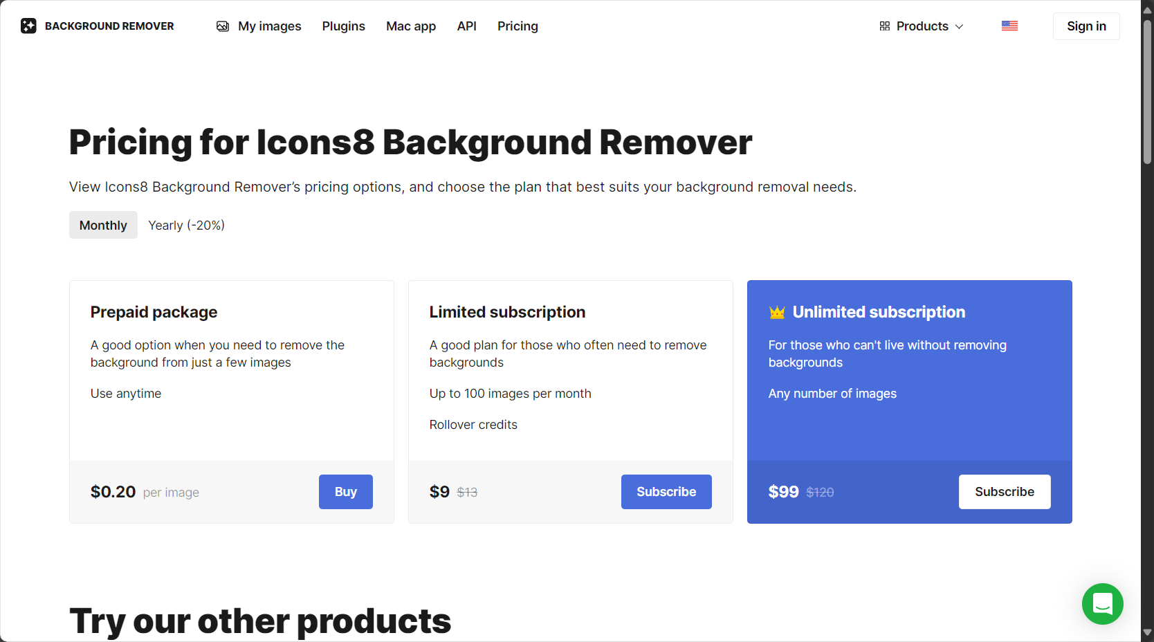 Icons8 Background Remover价格方案