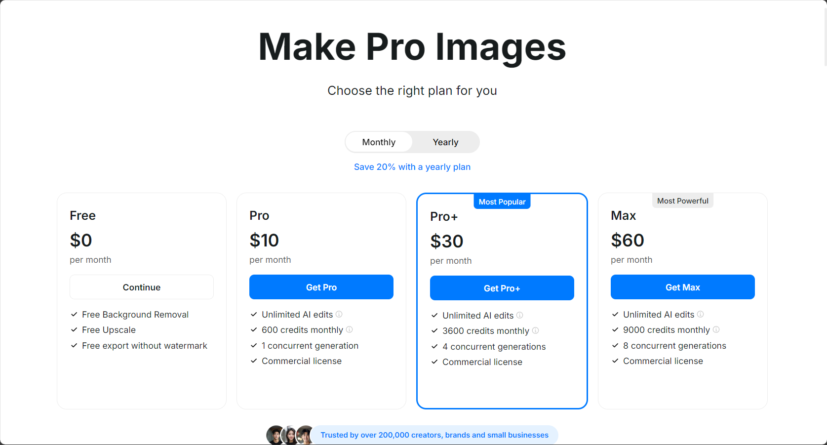 Pixelcut.ai价格方案页面